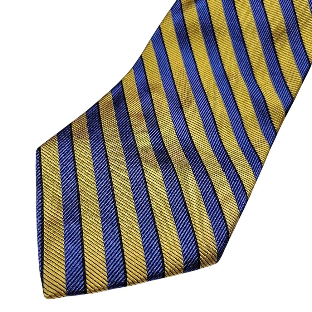 Tie LANDS END 100% Silk Striped Yellow and Blue Handsewn Made in USA